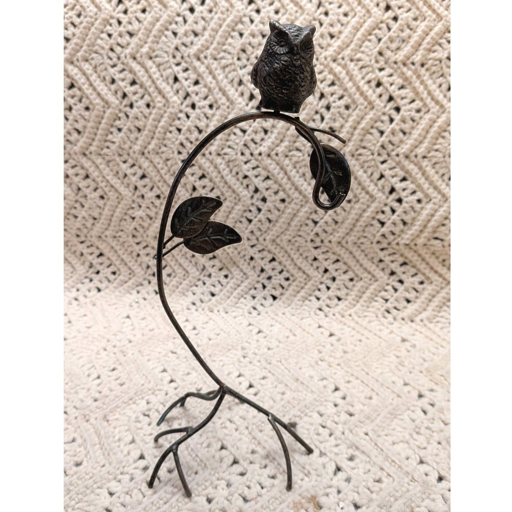 Cast Metal Owl on Branch Ornament Hanger Display Stand Bronze Tone 11 inch
